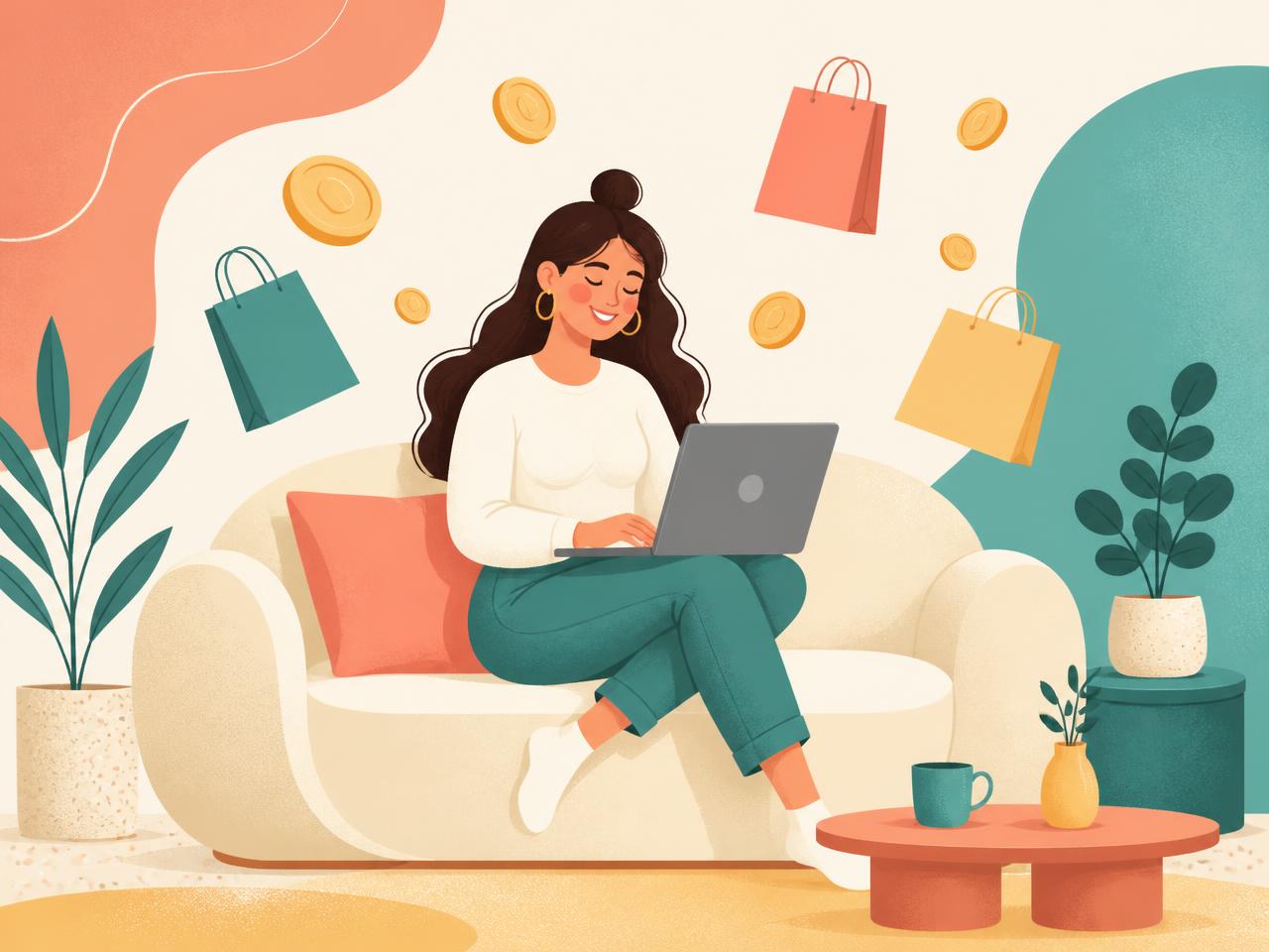 Illustration einer Frau, die mit dem Laptop online einkauft und Cashback erhält