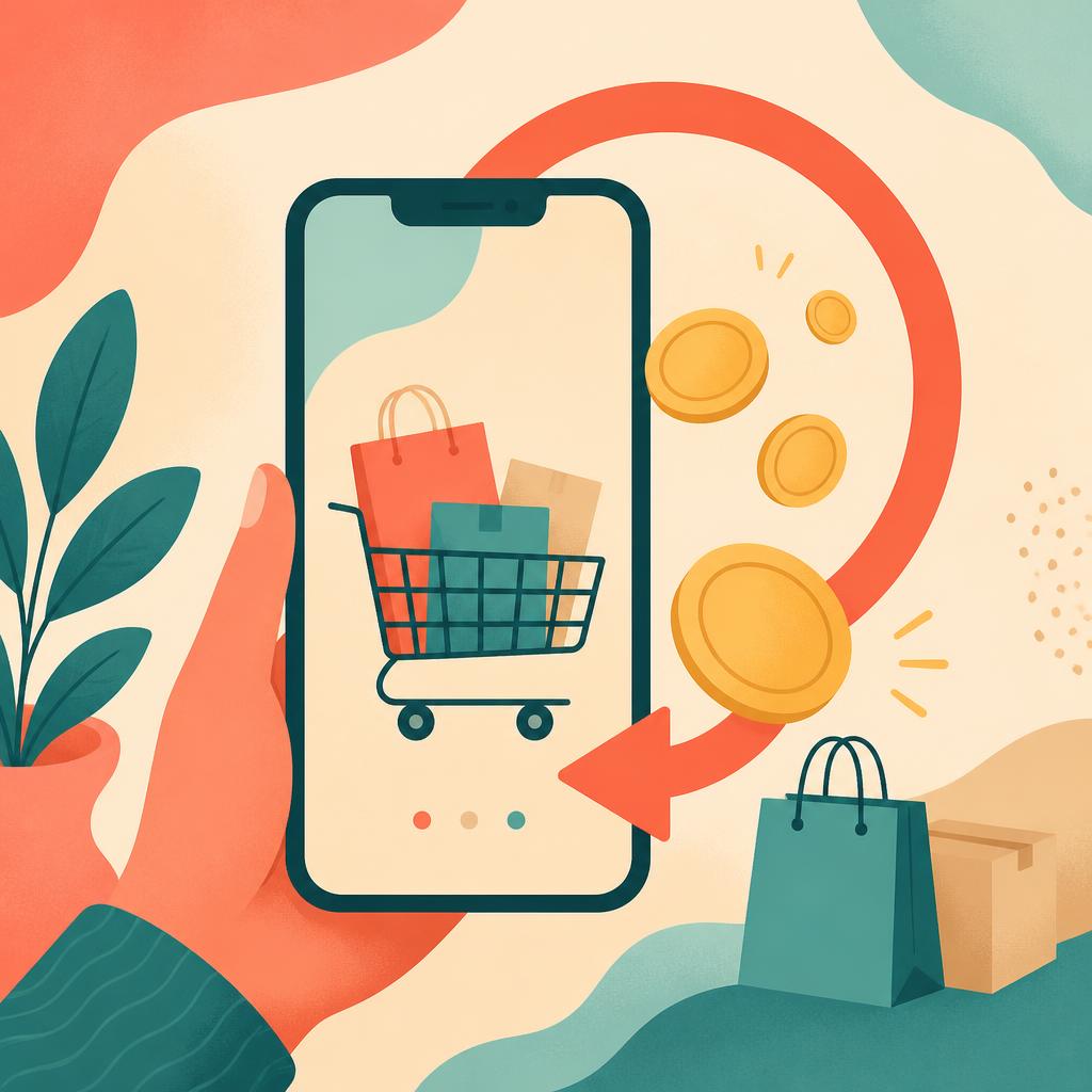 Illustration zum Cashback beim Online Shopping mit Smartphone und Münzen